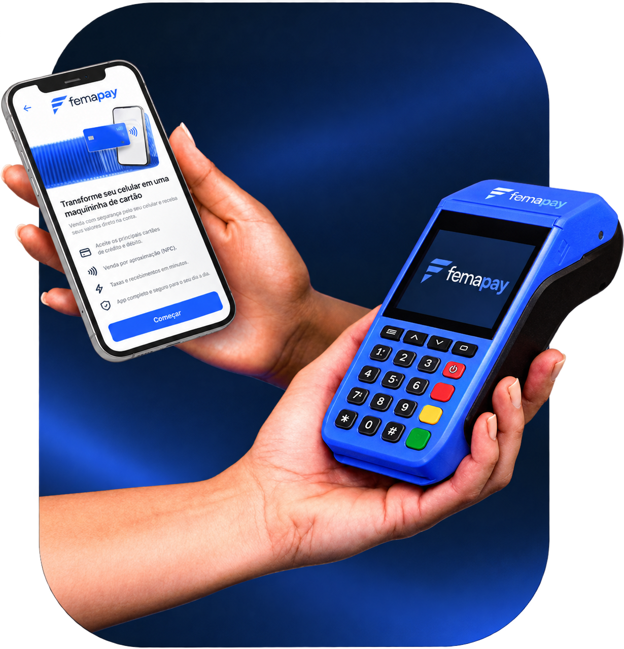 Celular com o app da Conta PJ Fema Pay ao lado de uma maquininha Fema Pay