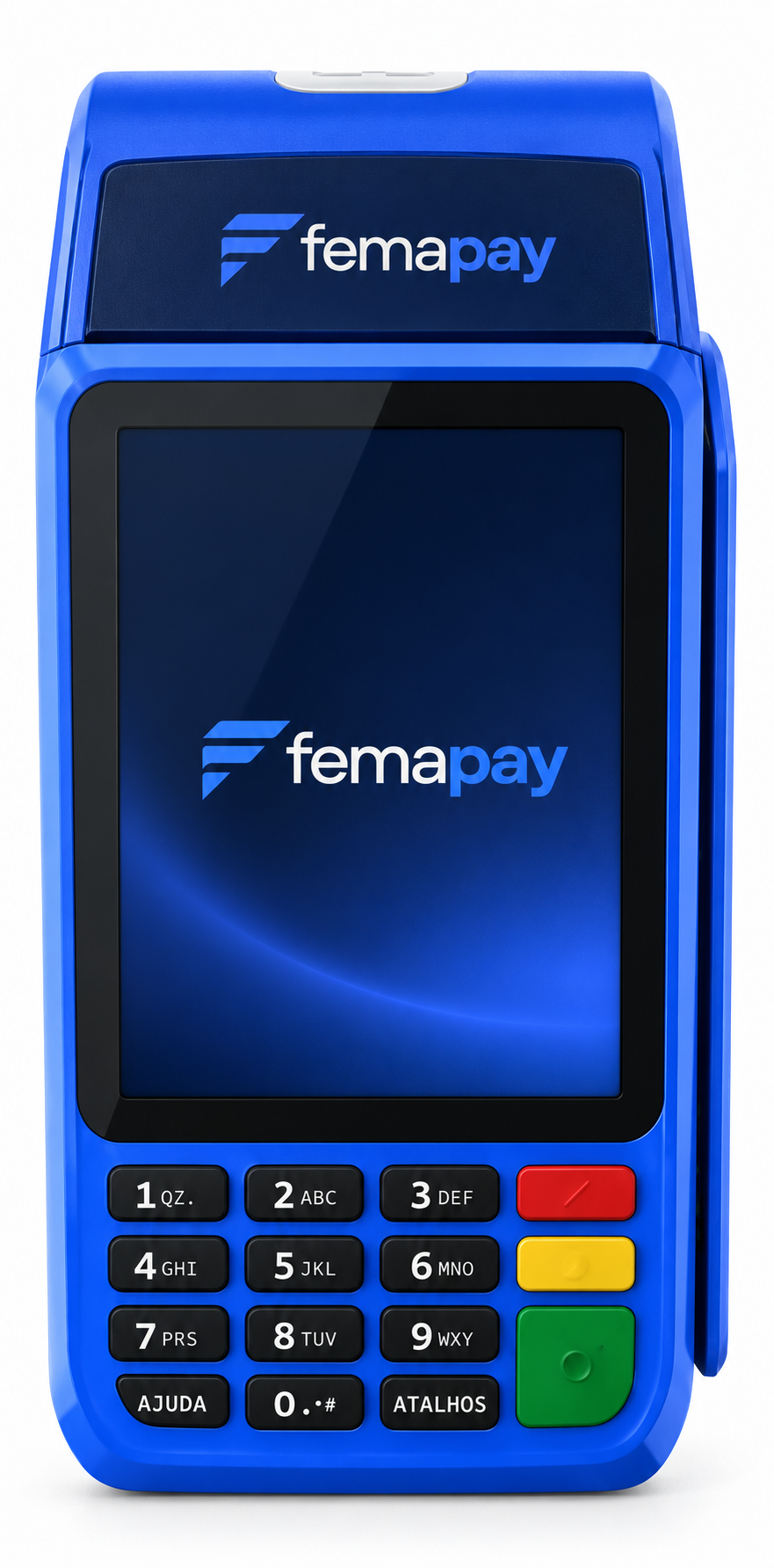 Empreendedora usando o celular ao lado da maquininha Fema Pay em um restaurante