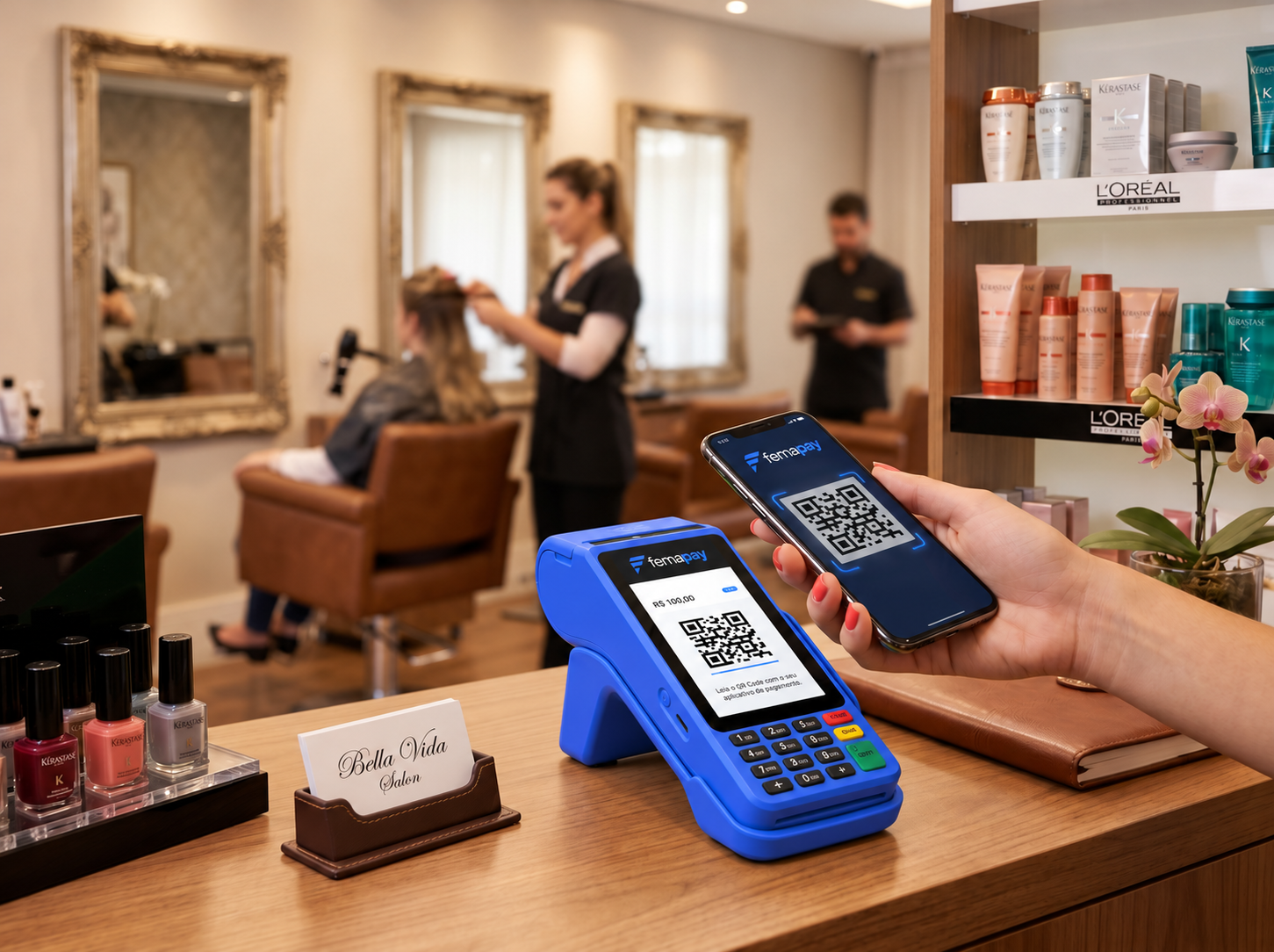 Empreendedora utilizando o Link de Pagamento no app Fema Pay em uma loja